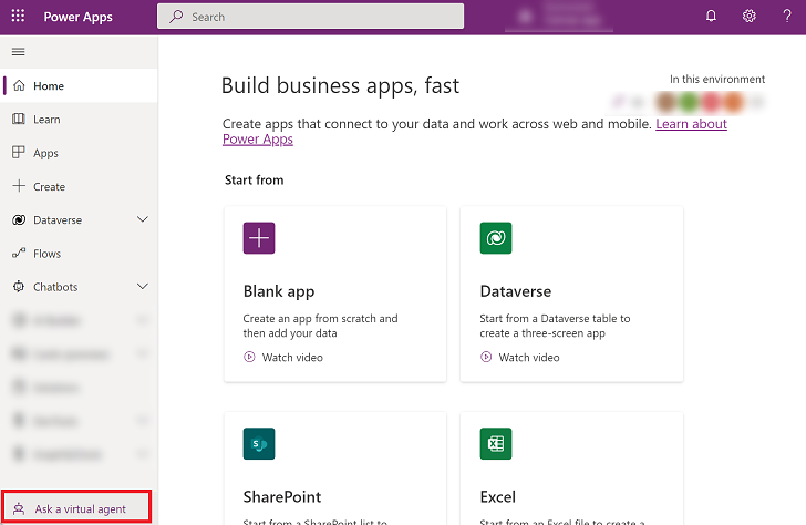 Greifen Sie über den virtuellen Agenten auf die Power Apps-Homepage zu.