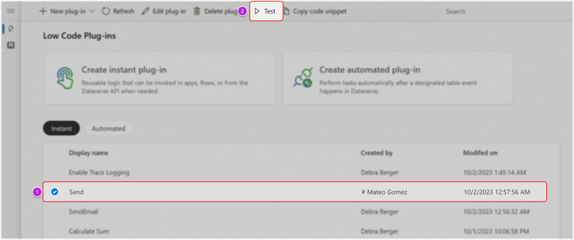 Wählen Sie „Testen“ für das Low-Code-Plug-In aus