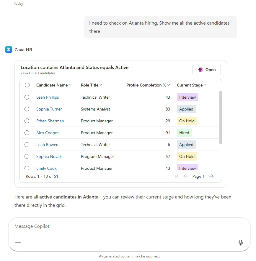 Ein Screenshot, der zeigt, wie Daten mithilfe des Agents in Microsoft 365 Copilot abgerufen werden können
