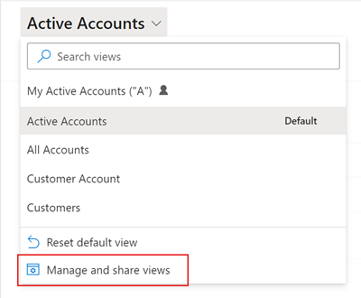 Ein Screenshot der Ansichtsauswahl mit der Option zum Verwalten und Freigeben von Ansichten.