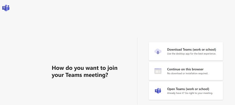 Wählen Sie aus, wie Sie an der Teams-Besprechung teilnehmen möchten.