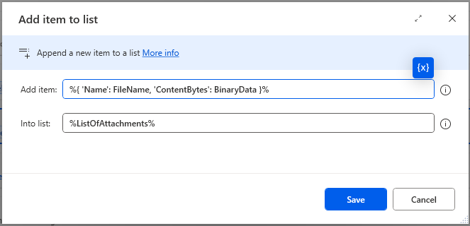 Screenshot der Aktion „Element zur Liste hinzufügen“.