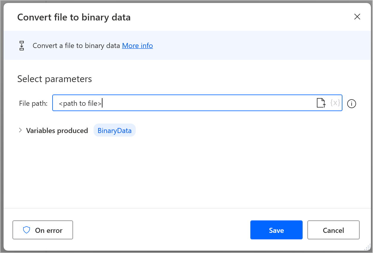 Screenshot der Aktion „Datei in Binärdaten konvertieren“.