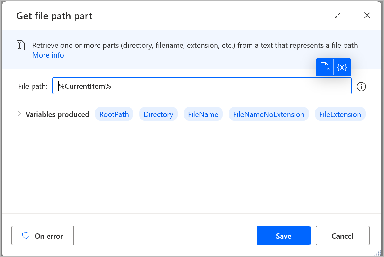 Screenshot der Aktion „Dateipfadteil abrufen“, bei welcher der Dateiname des aktuellen Elements abgerufen wird