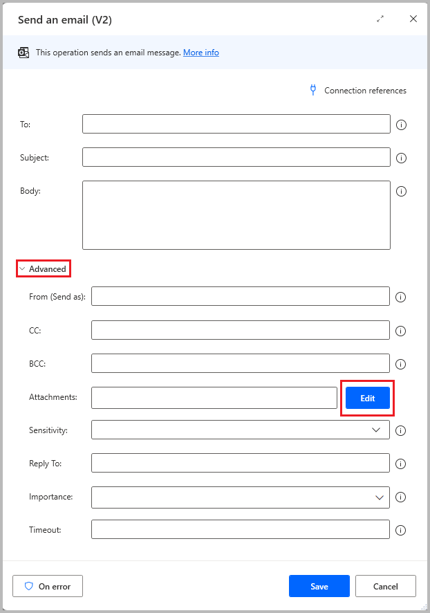 Screenshot der Aktion E-Mail(v2) senden.