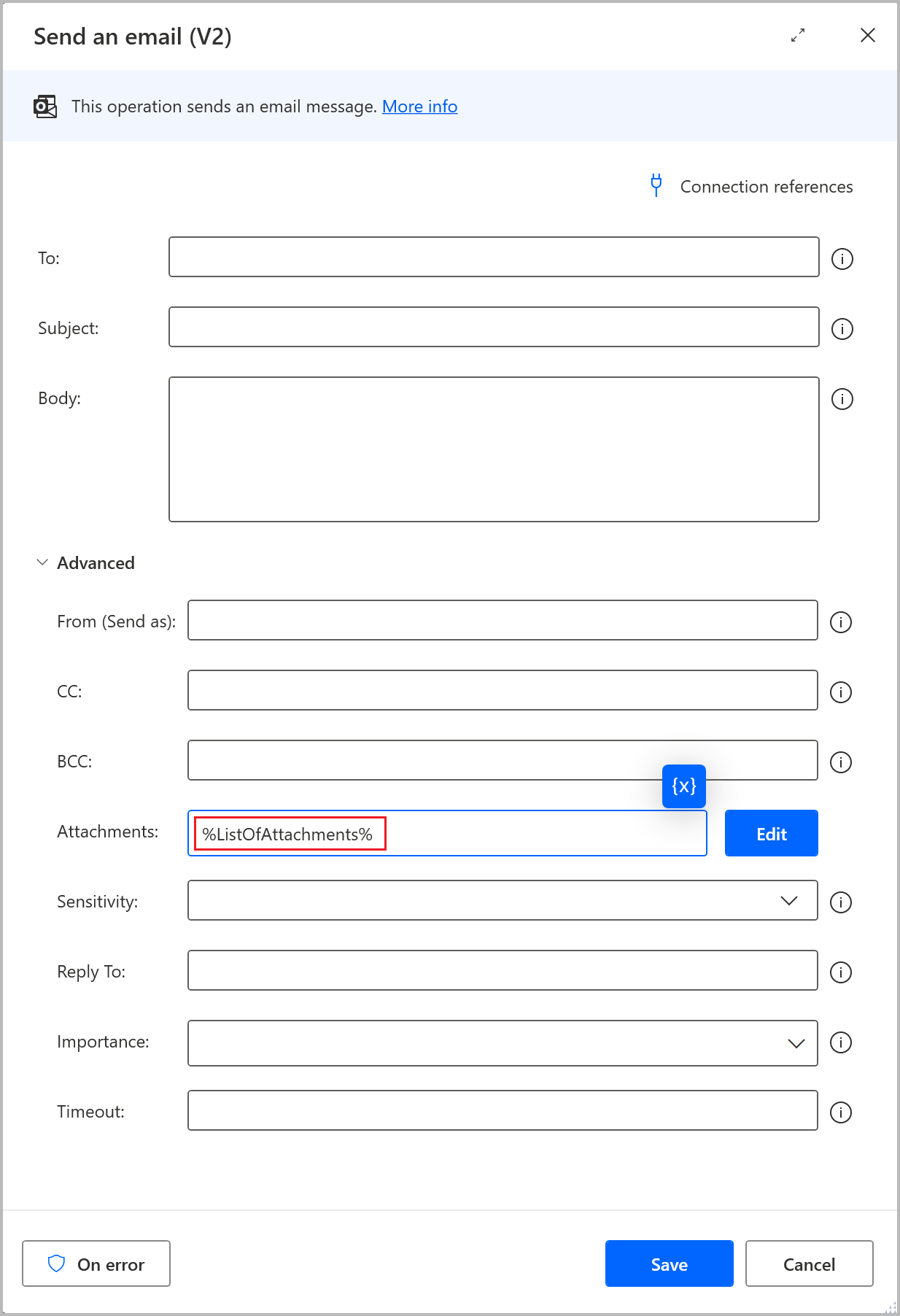 Screenshot der Aktion „E-Mail senden (V2)“, die so konfiguriert ist, dass in der Eigenschaft „Anhänge“ eine Liste benutzerdefinierter Objekte verwendet wird.