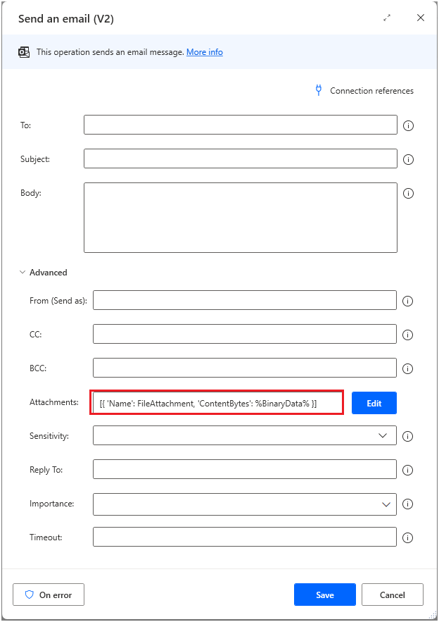 Screenshot der Aktion „E-Mail senden (V2)“ mit Anhängen.