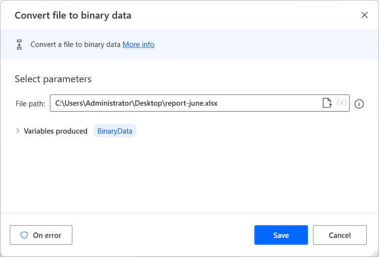 Screenshot der Aktion „Datei in Binärdaten konvertieren“.