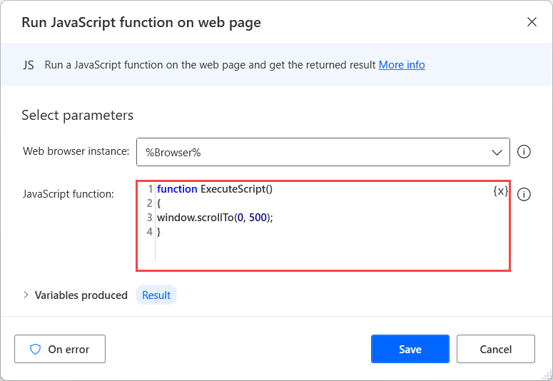 Screenshot der Aktion „Javascript-Funktion auf Webseite ausführen“ mit der Funktion „scrollTo“.