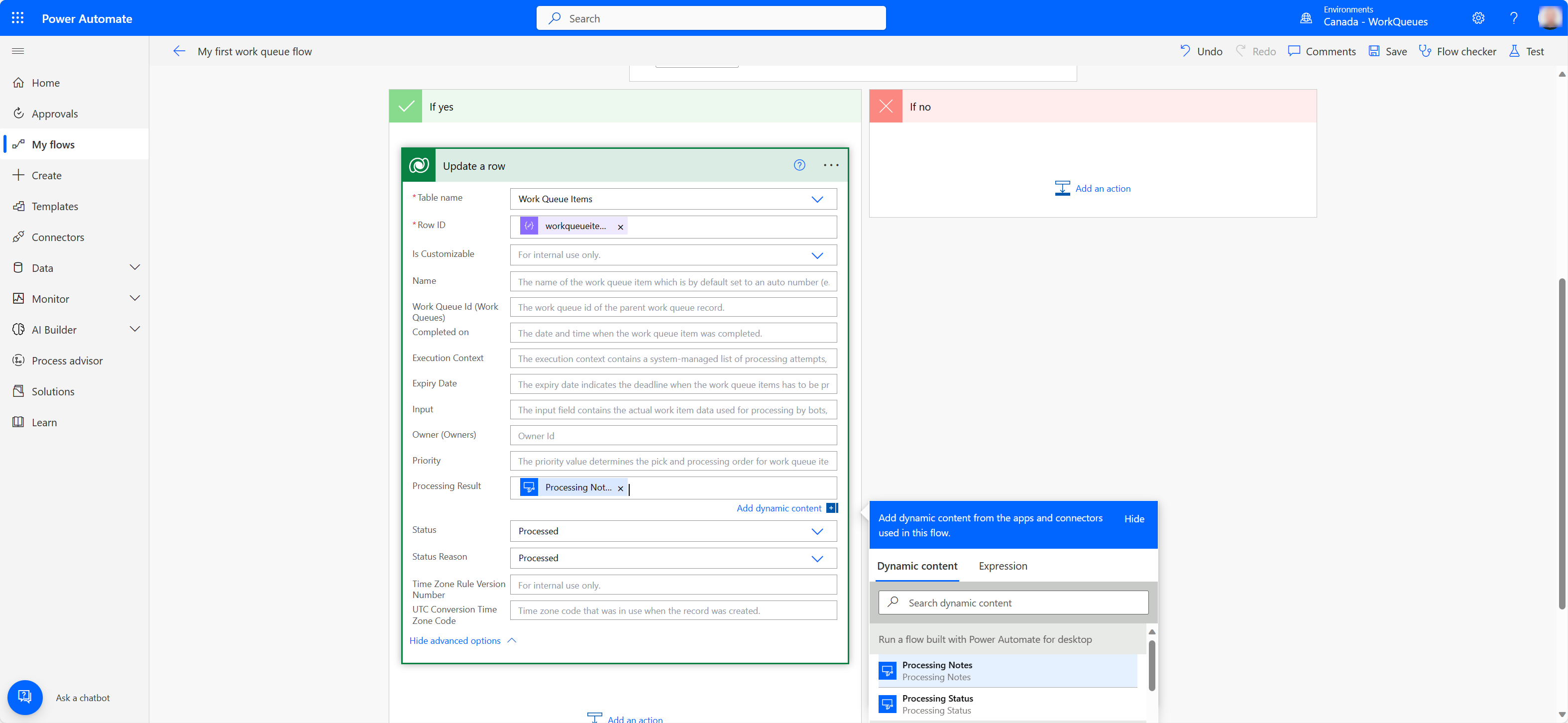 Screenshot eines Cloud-Flow-Designers, der eine Aktion zum Aktualisieren einer Zeile mit Werten zeigt.
