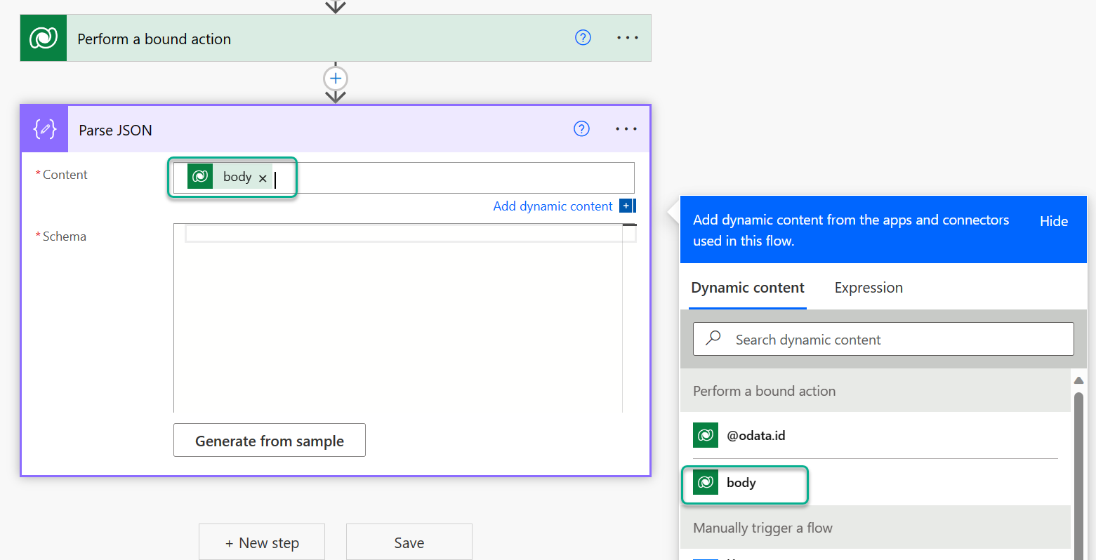 Screenshot eines Cloud-Flow-Designers, der die Aktion „JSON analysieren“ mit einem auf „Körper“ eingestellten Inhaltswert zeigt.