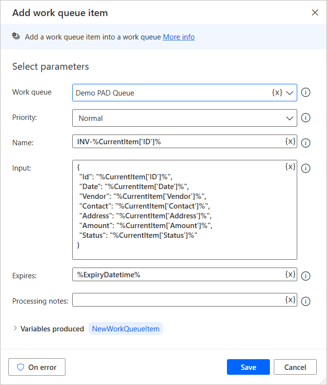 Screenshot-Beispiel für einen Prozess, der die Aktion Arbeitswarteschlangenelement im Desktop-Flow konfiguriert hinzufügt.