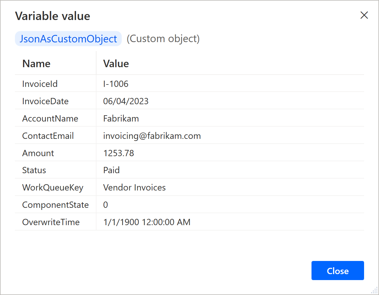 Screenshot von JSON-Wert in benutzerdefiniertes Objekt konvertieren.