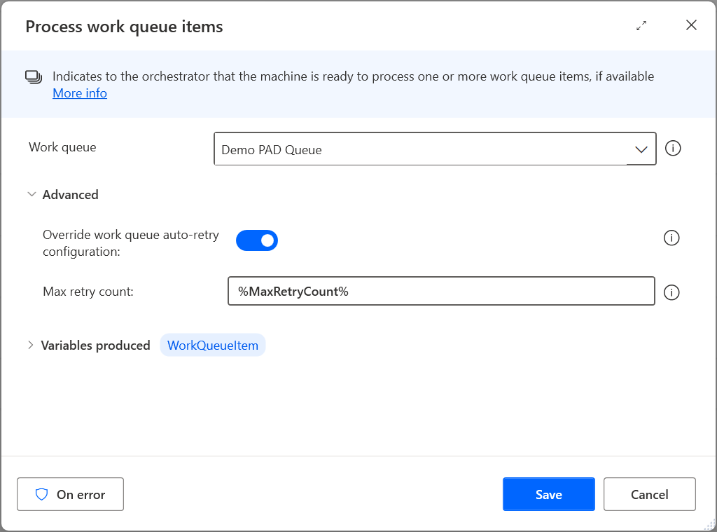 Screenshot der WorkQueueItem-Aktion, die konfiguriert ist, um Warteschlangenelemente mit einer in Power Automate Desktop festgelegten maximalen Anzahl von Wiederholungen zu verarbeiten.
