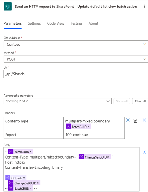 Screenshot, der die Verwendung der SharePoint-API zum Ausführen einer Batchanforderung zeigt.