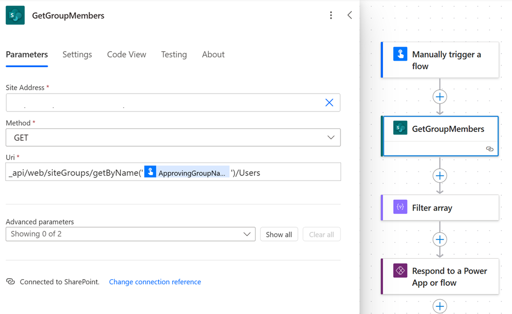 Screenshot des untergeordneten Flows, der genehmigende Personen von einer SharePoint-Gruppe abruft.
