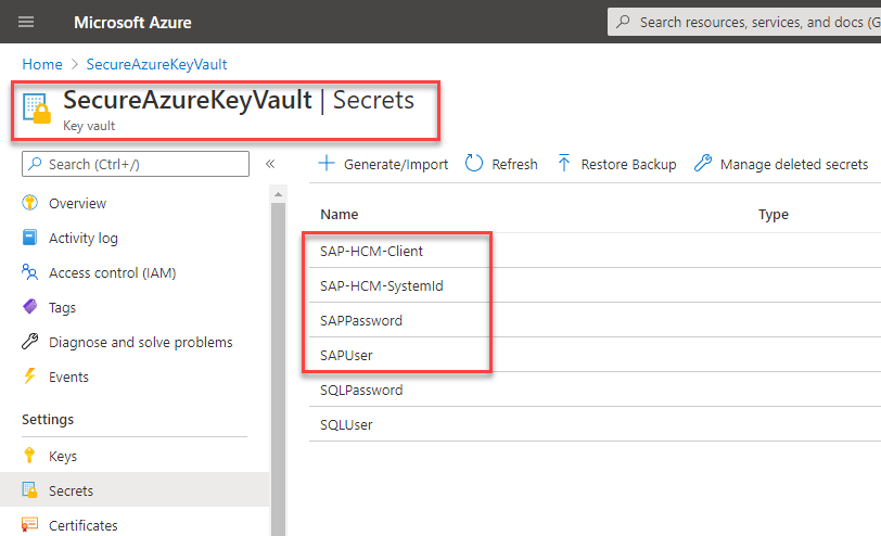 Screenshot von Azure Key Vault mit den folgenden Geheimnissen: SAP-HCM-Client, SAP-HCM-SystemId, SAPPassword und SAPUser.