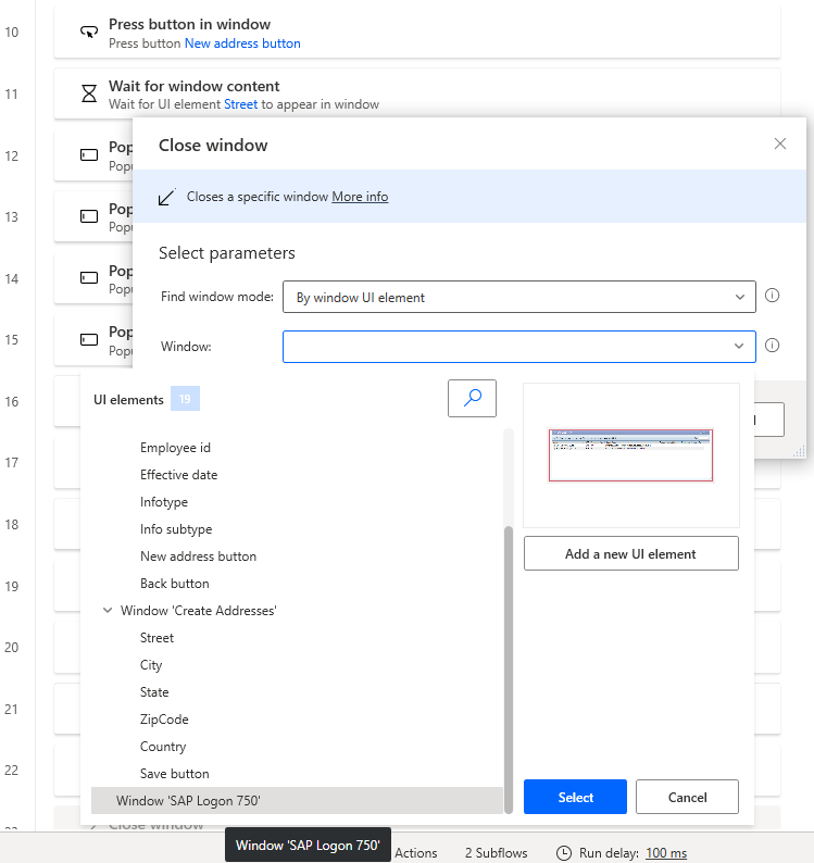 Screenshot des Power Automate Desktop-Designer-Fensters mit geöffnetem „Fenster schließen“-Dialogfeld und geöffneter Variablenliste und ausgewähltem „SAP Logon 760-Fenster“.