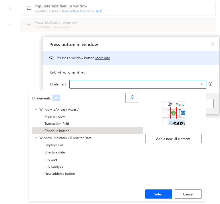 Screenshot des Power Automate Desktop-Designer-Fensters mit geöffnetem „Schaltfläche im Fenster drücken“-Dialogfeld und geöffnetem UI-Elemente-Dropdown-Menü.