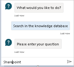 Screenshot, der den Bot-Chat mit einer Aufforderung zum Durchsuchen der Wissensdatenbank zeigt.