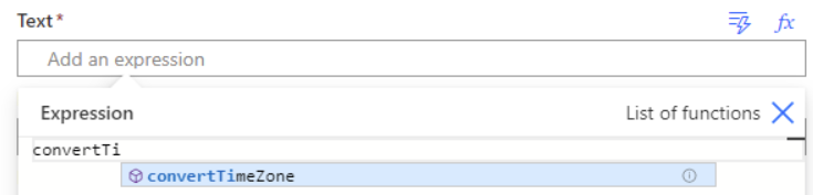 Der Screenshot zeigt, dass Power Automate eine Ausdrucksfunktion zum Konvertieren der Zeitzone hat.