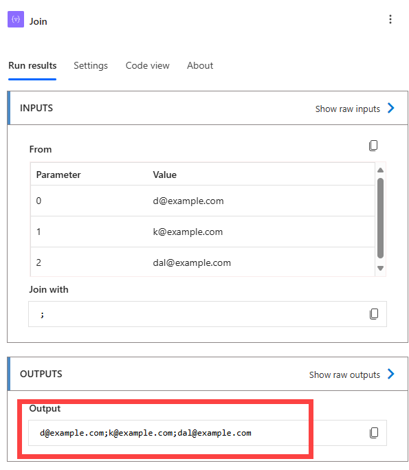 Screenshot der Eingabe von durch Kommas getrennten Adressen, eines Zusammenführens mit dem Wert Semikolon und der Ausgabe dieser durch Semikolons getrennten Adressen