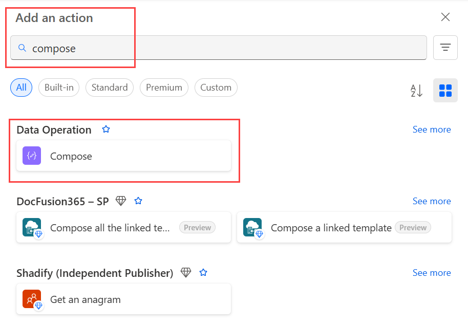 Screenshot mit der Aktion „Verfassen&nbsp;– Datenvorgang“.