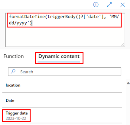 Screenshot der formatDatTime-Funktion unter Verwendung des dynamischen Inhalts.