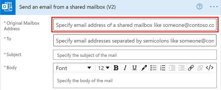 Screenshot, der die Karte Eine E-Mail von einem gemeinsamen Postfach (V2) senden zeigt.