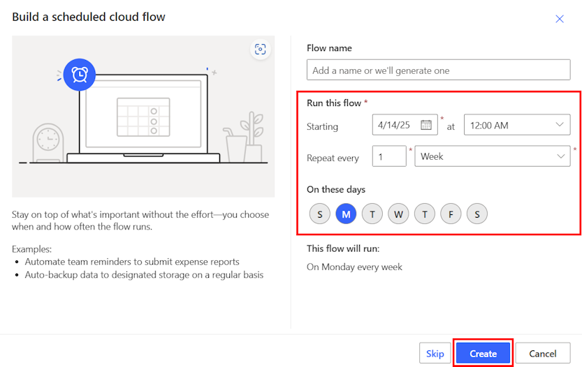 Screenshot der Optionen zum Einrichten eines geplanten Cloud-Flows.