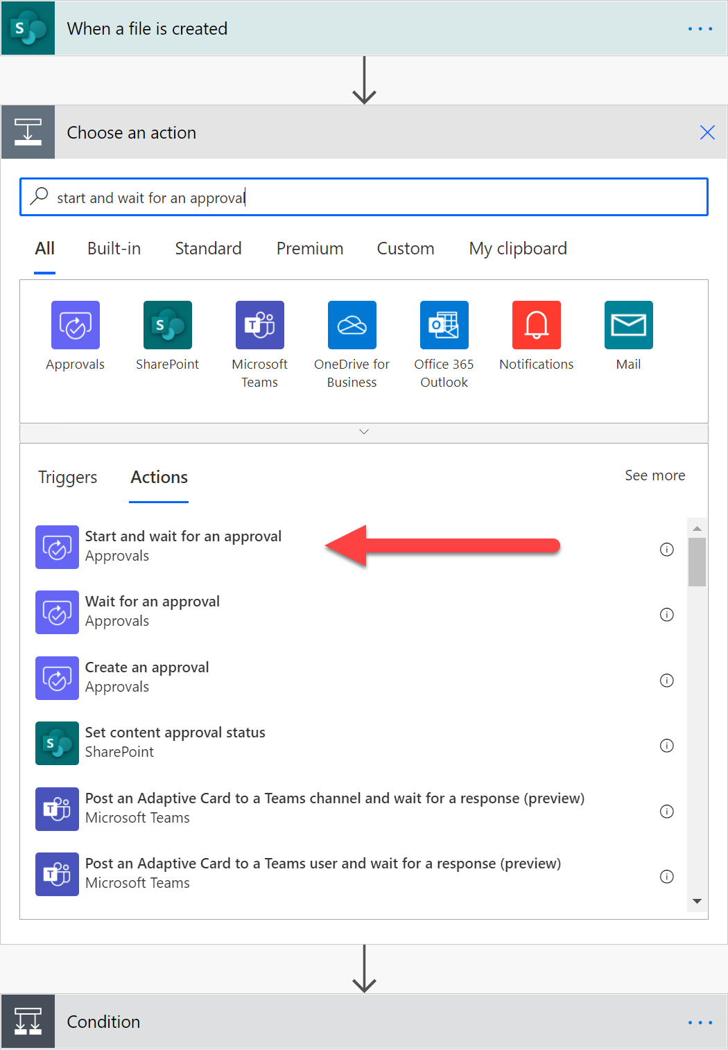 Die einzufügende Aktion auswählen.