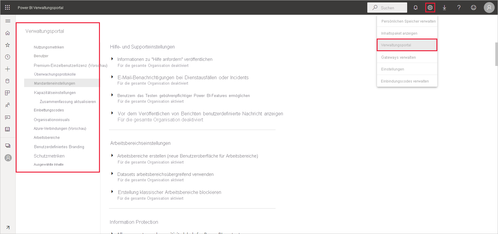 Screenshot des Power BI-Verwaltungsportals mit den organisationsweiten Einstellungen