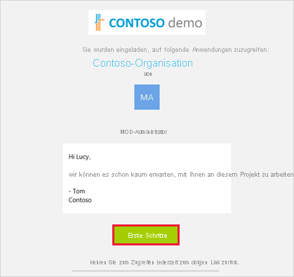 Screenshot der E-Mail-Einladung für Gastbenutzer mit hervorgehobener Schaltfläche „Erste Schritte“