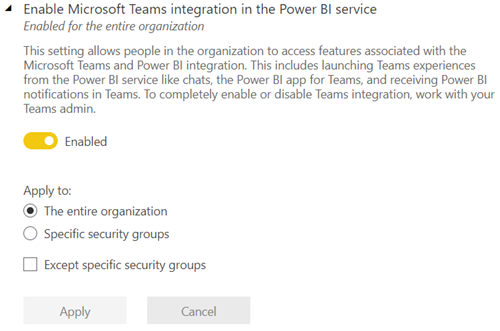 Screenshot: Einstellung der Mandanteneinstellung für die Microsoft Teams-Integration im Power BI-Verwaltungsportal