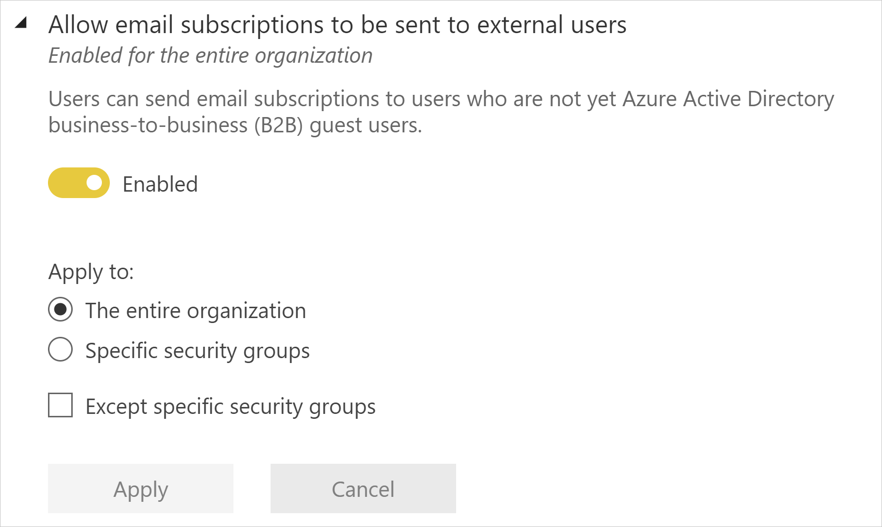Screenshot der Mandanteneinstellung „Senden von E-Mail-Abonnements an externe Benutzer zulassen”.