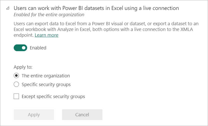 Screenshot der veranschaulicht, dass Benutzer über eine Liveverbindung mit Power BI-Datasets in Excel arbeiten können.