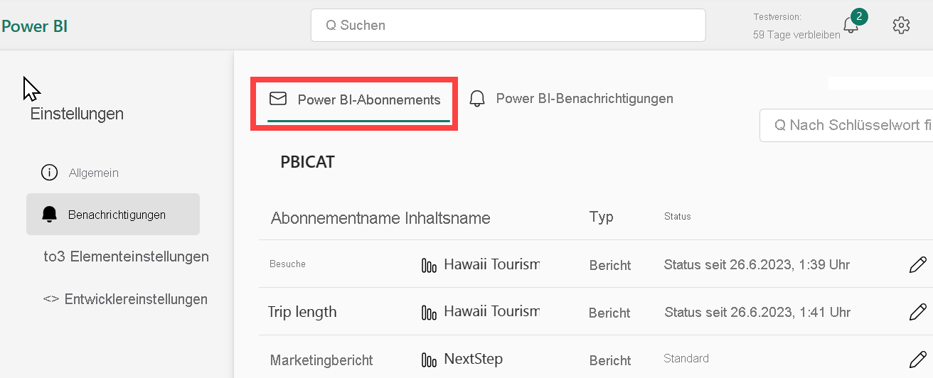 Screenshot des Bereichs „Benachrichtigungen“ mit einem rot hervorgehobenen Power BI-Abonnement.