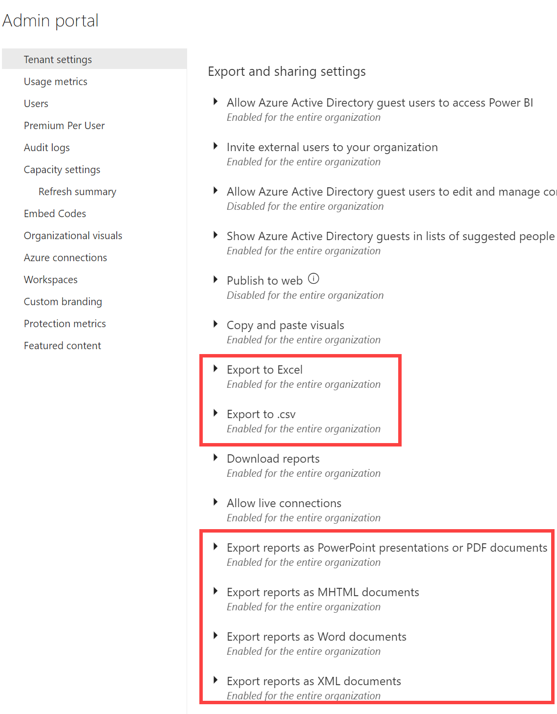 Screenshot of tenant settings with relevant export settings outlined.