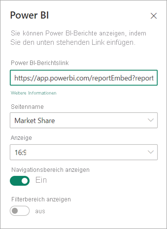 Screenshot: Dialogfeld SharePoint-Eigenschaften für neuen Webpart mit hervorgehobenem Power BI-Berichtslink