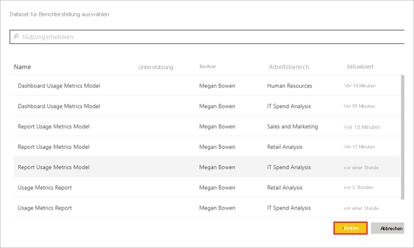 Screenshot der Auswahl des semantischen Modells „Bericht zu Nutzungsmetriken“.