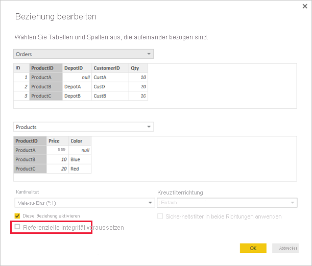 Screenshot of an Edit Relationship dialog to select Assume Referential Integrity.