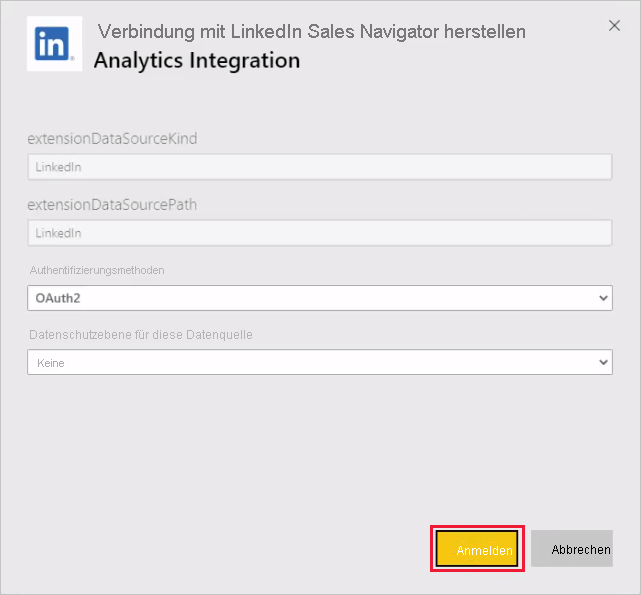 Screenshot shows a dialog where you can sign in to connect to LinkedIn.