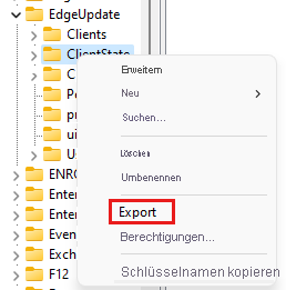 Screenshot des Registrierungs-Editors, der das Kontextmenü mit hervorgehobener Option „Exportieren“ zeigt.