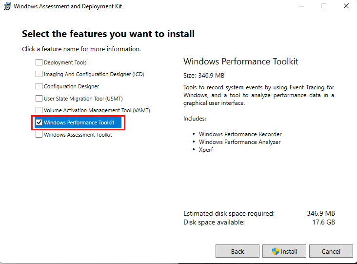 Der Screenshot zeigt die Seite „Wählen Sie die Features aus, die Sie installieren möchten“, wobei „Windows Performance Toolkit“ ausgewählt ist.