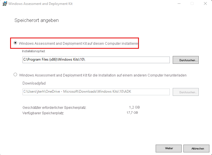 Screenshot des Installationsprogramms zeigt ausgewählte Option „Windows Assessment and Development Kit auf diesem Computer installieren”.