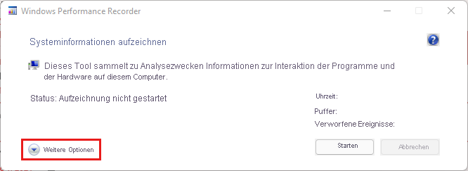Screenshot des Windows Performance Recorders mit hervorgehobenem Element „Weitere Optionen”.