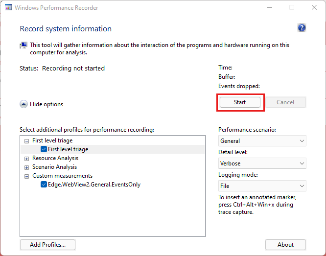 Screenshot des Windows Performance Recorders mit hervorgehobener Option „Start”.