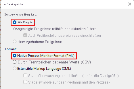Screenshot des Prozessmonitor-Dialogfelds „In Datei speichern” mit hervorgehobener Option „Alle Ereignisse” und „Natives Prozessmonitorformat (PML)”.