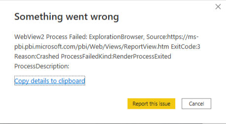 Screenshot einer Fehlermeldung, in der WebView2 erwähnt wird.