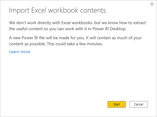 Screenshot that shows the Import Excel workbook contents message.